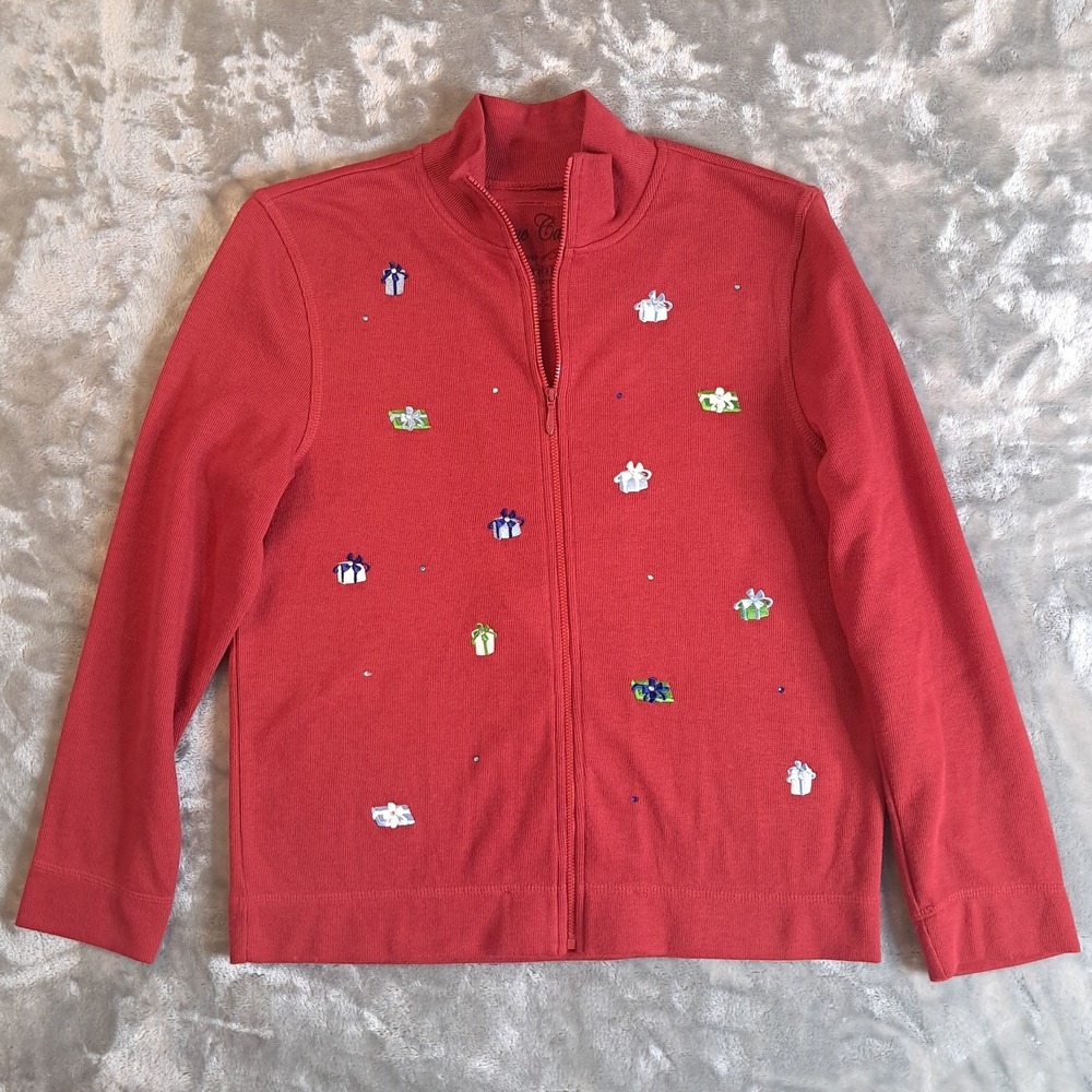 Onque‎ Casuals Womens Christmas Cardigan Zip Sweater Embroidered Gifts Small